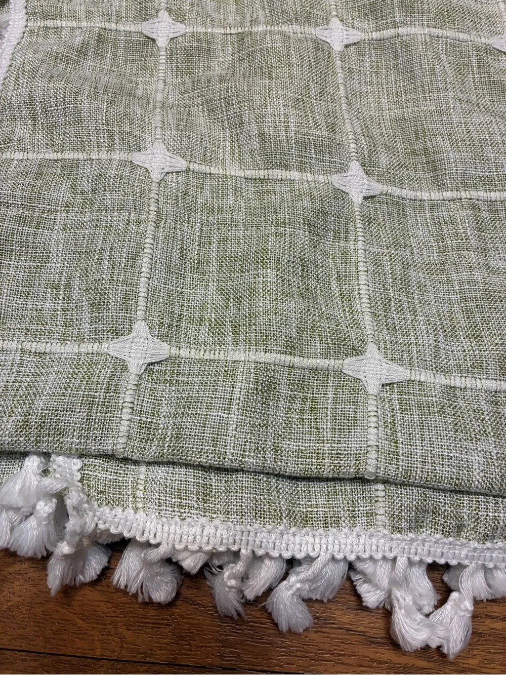 Colorigan Sage Green Window Curtain Panels with White Grid and Tassel Trim 1 Pr